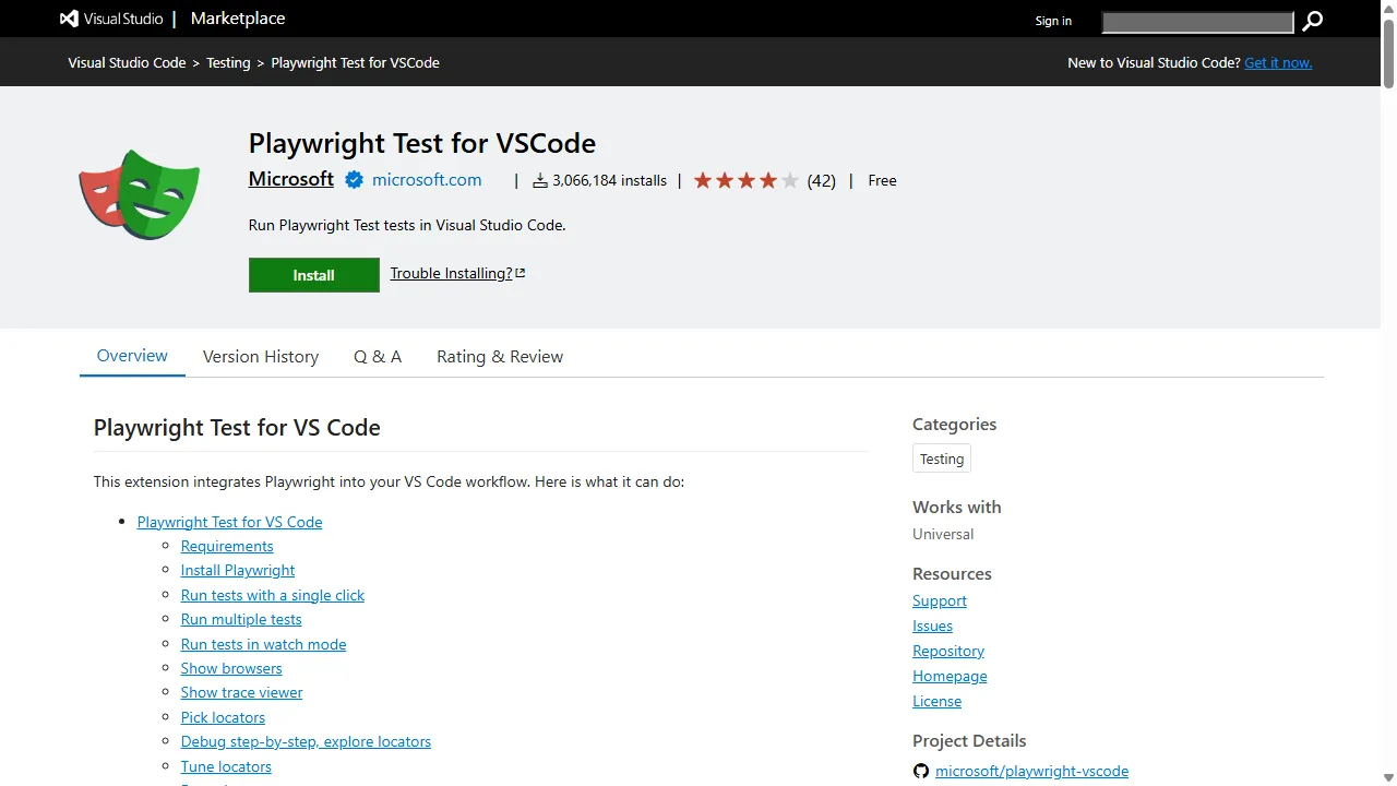 Playwright Test for VSCode on the Visual Studio Marketplace Playwright Test for VSCode extension page on the Visual Studio Marketplace