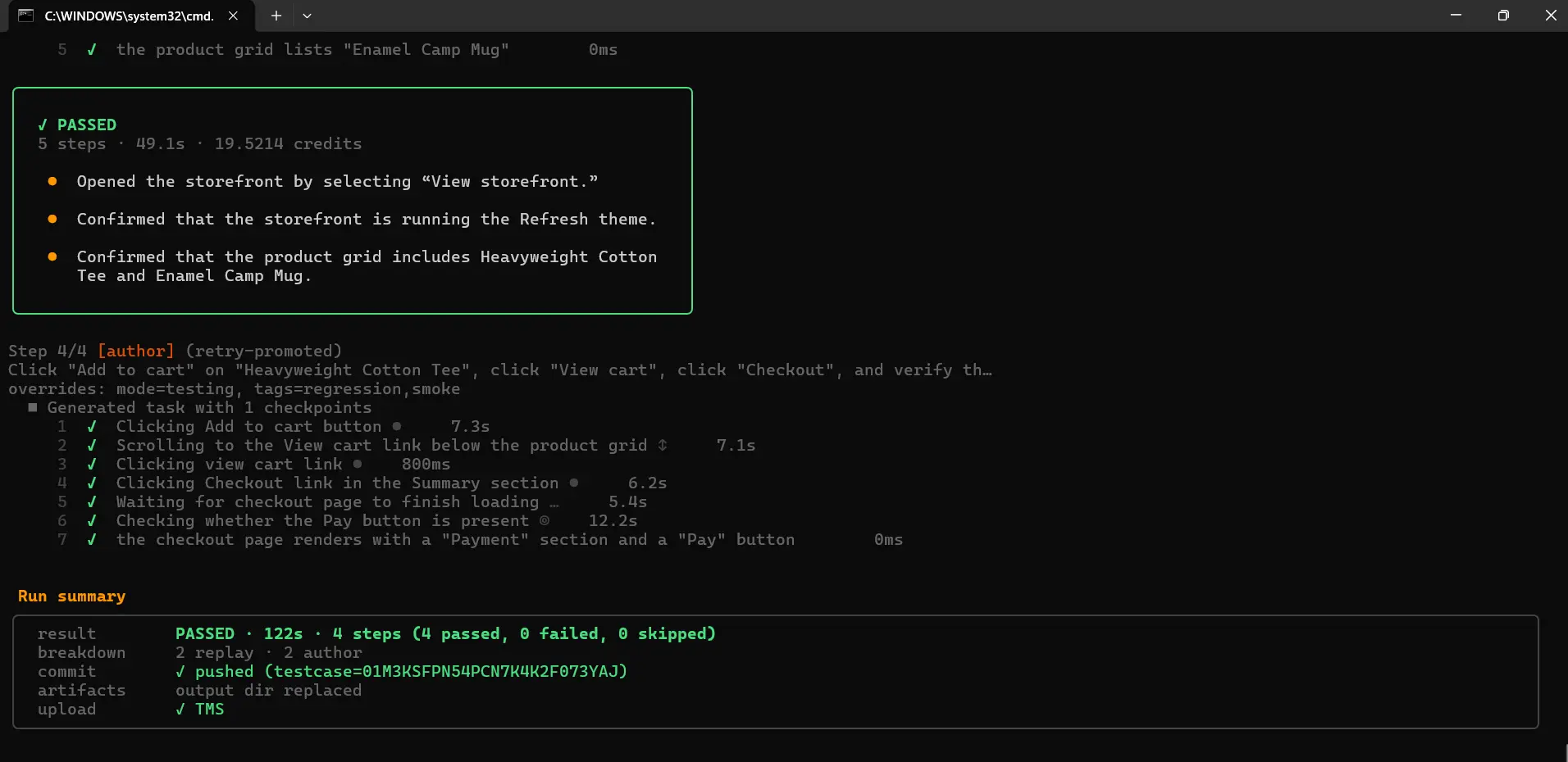 Kane CLI rerun after an edited step: 2 replay, 2 author Windows terminal showing a Kane CLI rerun of the theme update smoke test after editing step 3: the step confirms the product grid lists Heavyweight Cotton Tee and Enamel Camp Mug, step 4 is authored again, and the run summary reads PASSED in 122s, 4 steps passed, 2 replay and 2 author