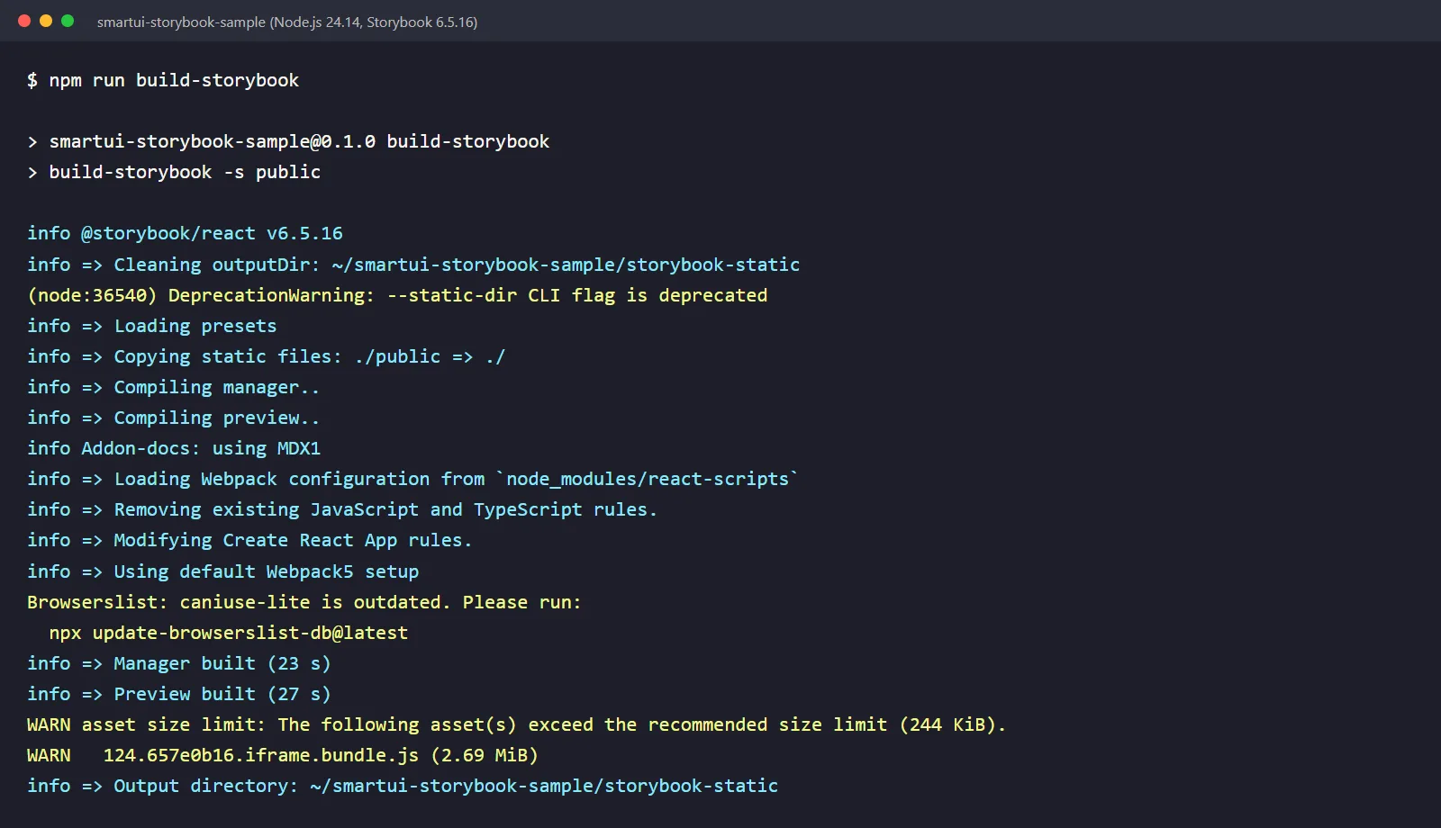 npm run build-storybook output Terminal output of npm run build-storybook in the smartui-storybook-sample project: Storybook 6.5.16 builds the manager and preview and writes the storybook-static output directory