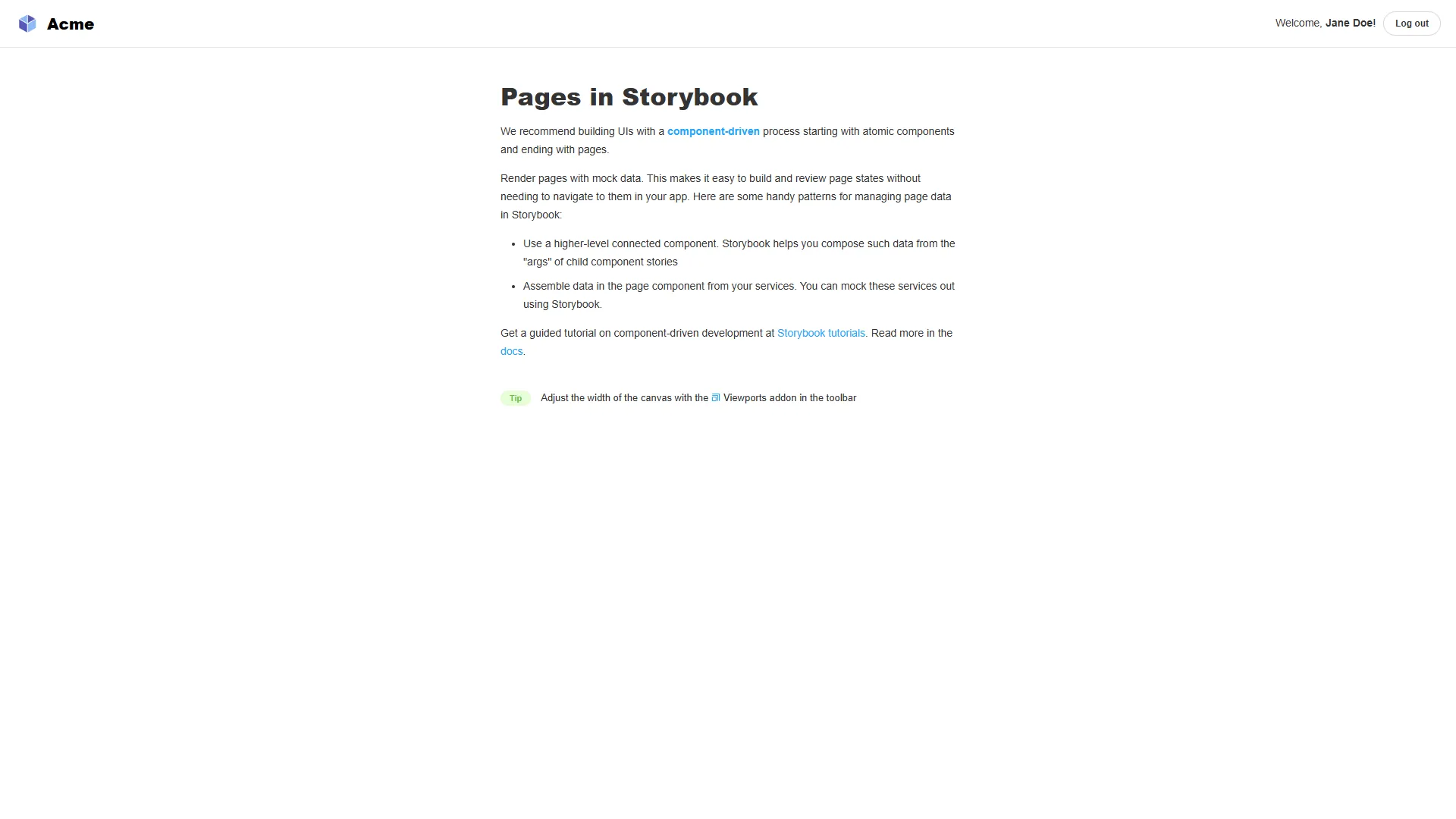 Page: Logged In story at baseline Example/Page: Logged In story from the baseline build showing the Acme header with Welcome, Jane Doe and a Log out button