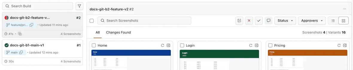 SmartUI build list with Git branches SmartUI build list showing two builds with their Git branches and screenshot counts, and the All and Changes Found tabs