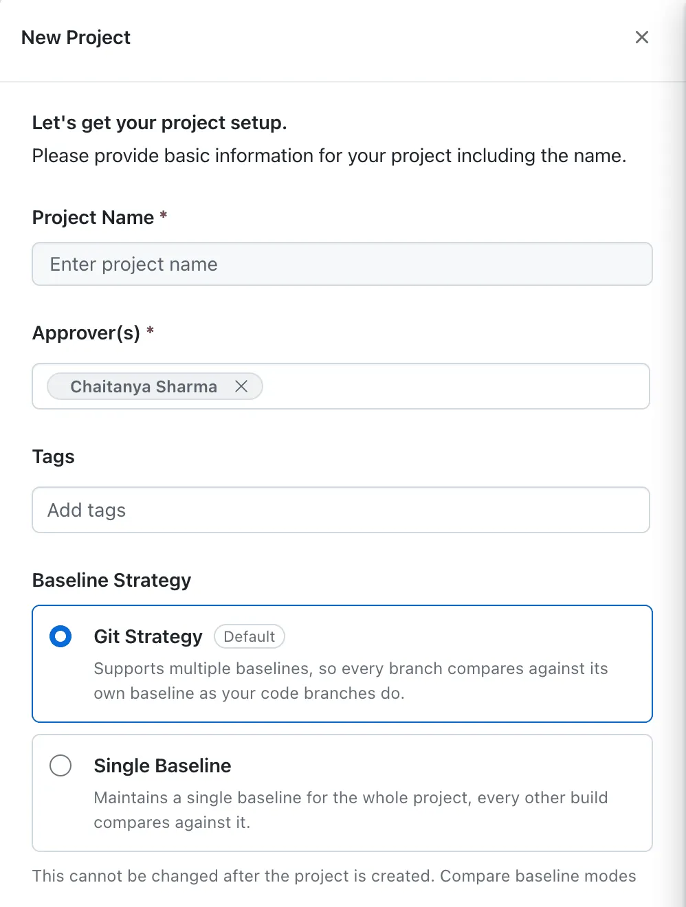 SmartUI New Project drawer SmartUI New Project drawer with Project Name, Approvers, Tags, and the Git Strategy and Single Baseline options