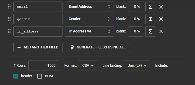 Mockaroo schema builder captured for this article Mockaroo schema builder with email, gender, and IP address fields, set to generate 1,000 rows as CSV
