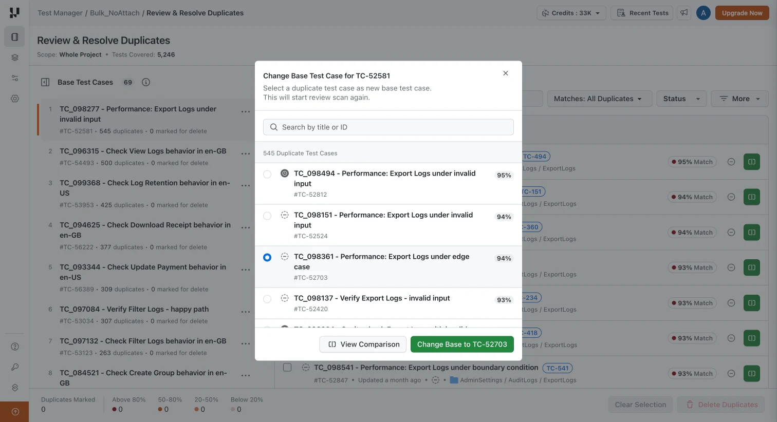 Pick any duplicate in the group as the new base, and the group is rescanned against it Change Base Test Case dialog listing duplicates with match scores, one selected as the new base