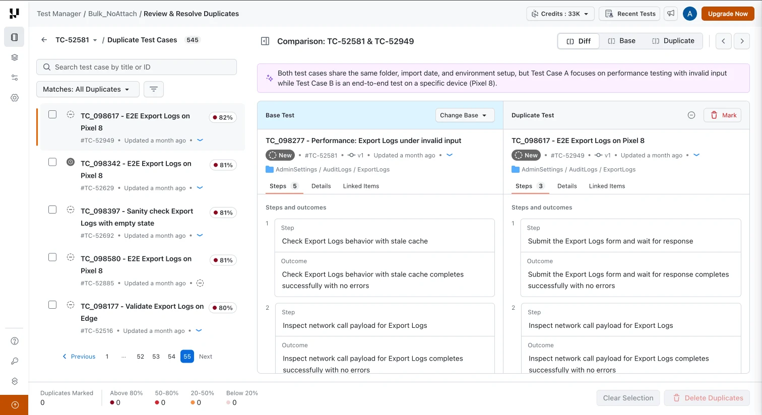 The comparison view opens with a summary of how the two test cases relate Side by side comparison of a base test case and a duplicate with an AI similarity summary