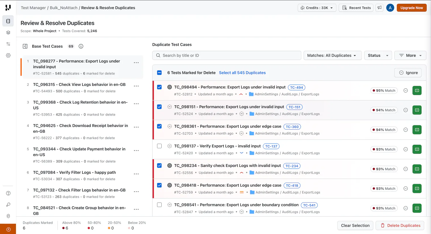 The footer tracks everything marked across the whole scan, broken down by match band Duplicate test cases marked for deletion with the match band breakdown in the footer