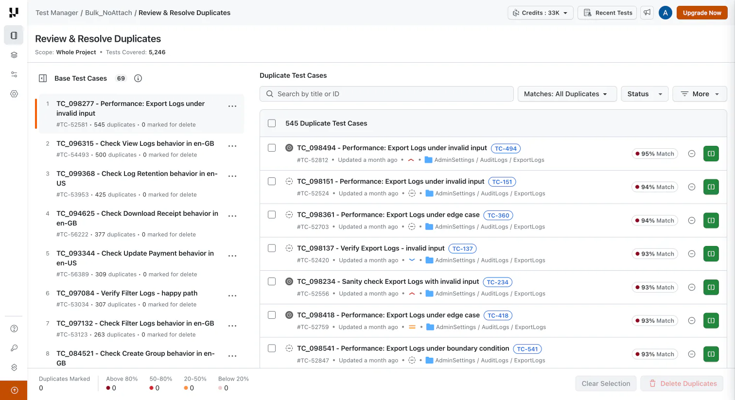 Base test cases on the left, their scored duplicates on the right Review and Resolve Duplicates page with base test cases and their scored duplicates