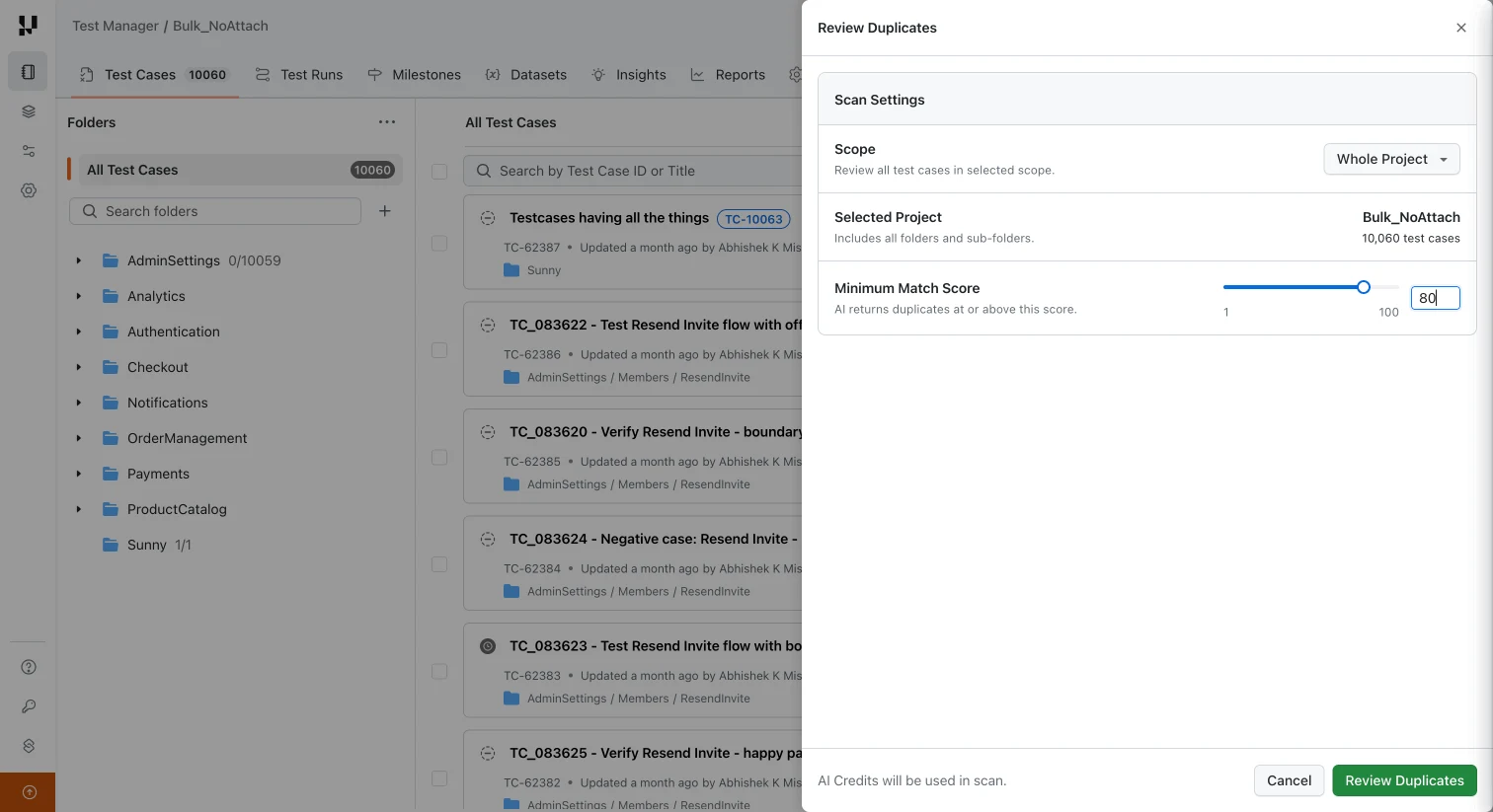 Scope and Minimum Match Score control how much lands in the review queue Scan settings panel with scope selector and minimum match score slider