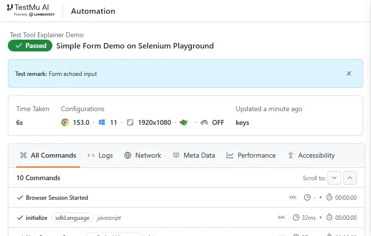 TestMu AI Automation dashboard - Test Tool Explainer Demo build passed TestMu AI Automation dashboard showing the Test Tool Explainer Demo Playwright session passed on Chrome 153, Windows 11, with 10 commands logged