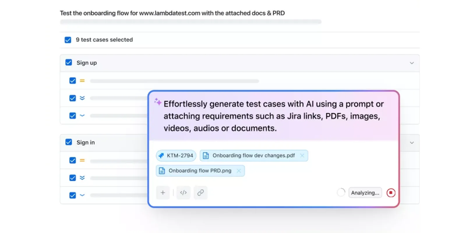 TestMu AI Test Manager AI Test Case Generator TestMu AI Test Manager AI Test Case Generator screen showing test cases generated from a real onboarding flow