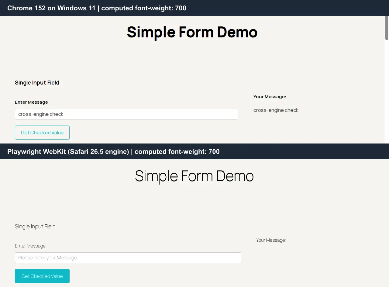 The same Selenium Playground page rendered in Chrome 152 and in Playwright WebKit on the TestMu AI cloud, with visibly lighter headings in WebKit