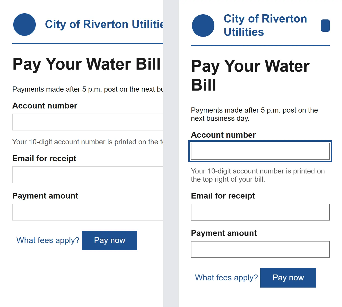v2 and v3 of the seeded bill-pay page at 320px wide The seeded bill-pay page at 320px wide: v2 cuts off text and shows no focus outline, while v3 wraps text and shows a visible focus outline on the account number field