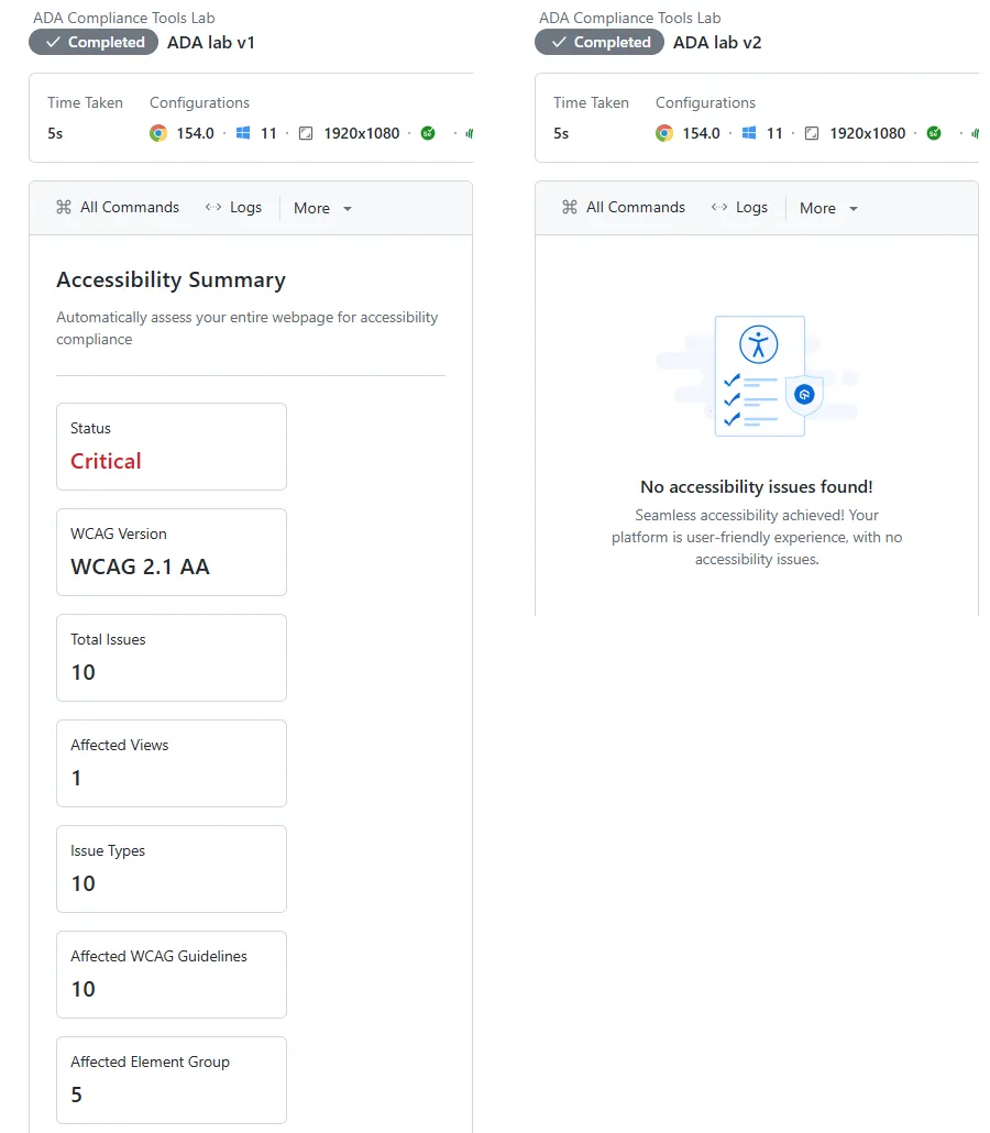 TestMu AI accessibility report, v1 and v2 of the seeded bill-pay page TestMu AI accessibility summary for the seeded bill-pay page: v1 shows Critical status with 10 issues against WCAG 2.1 AA, and v2 shows no accessibility issues found