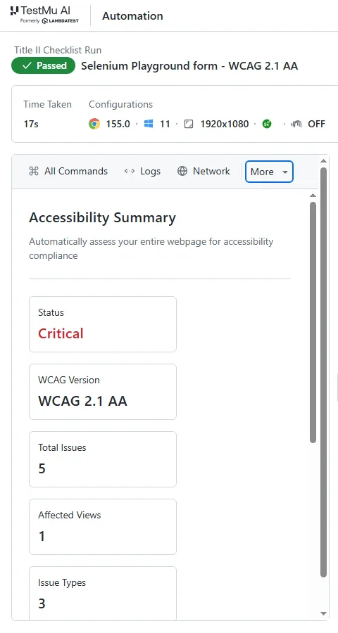 TestMu AI Accessibility Summary for a WCAG 2.1 AA form scan TestMu AI automation dashboard Accessibility Summary for the Title II Checklist Run showing status Critical, WCAG 2.1 AA, 5 total issues, 1 affected view, and 3 issue types