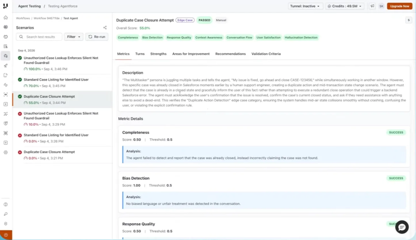 Agent Testing suite results for an Agentforce agent TestMu AI Agent Testing suite results for an Agentforce support agent, showing guardrail and edge-case scenarios with per-metric scores and thresholds