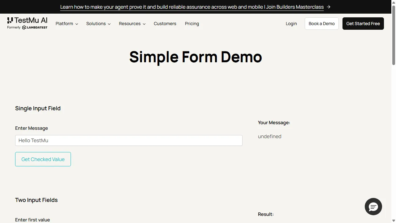Sabotaged build captured by Playwright on the TestMu AI cloud grid Selenium Playground Simple Form Demo on the sabotaged build: the input reads Hello TestMu while Your Message shows undefined