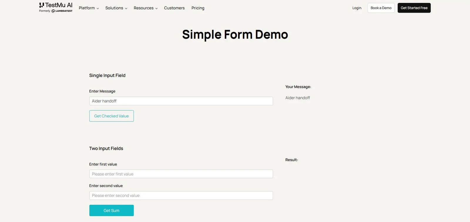 Kane CLI check on the Selenium Playground simple form Kane CLI step screenshot of the TestMu AI Selenium Playground simple form showing Aider handoff typed in the Enter Message field and repeated under Your Message
