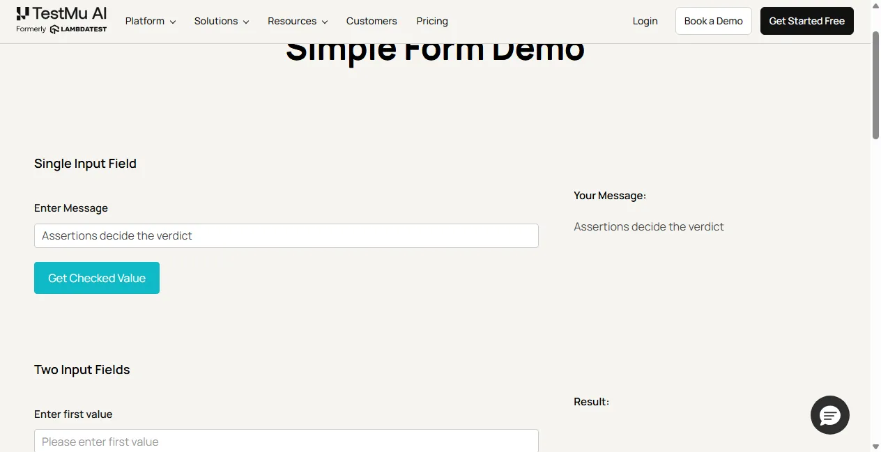 The rendered state the assertion compared against Simple Form Demo rendering the submitted message