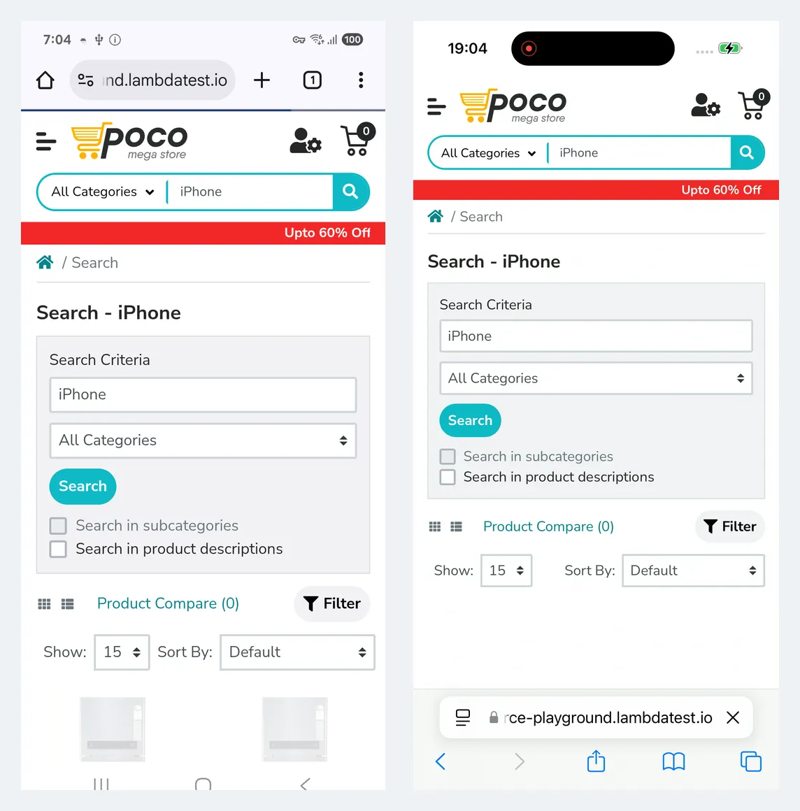 Search results for iPhone on the Ecommerce Playground, captured on a real Galaxy S25 in Chrome and a real iPhone 16 in Safari during one parallel TestMu AI run