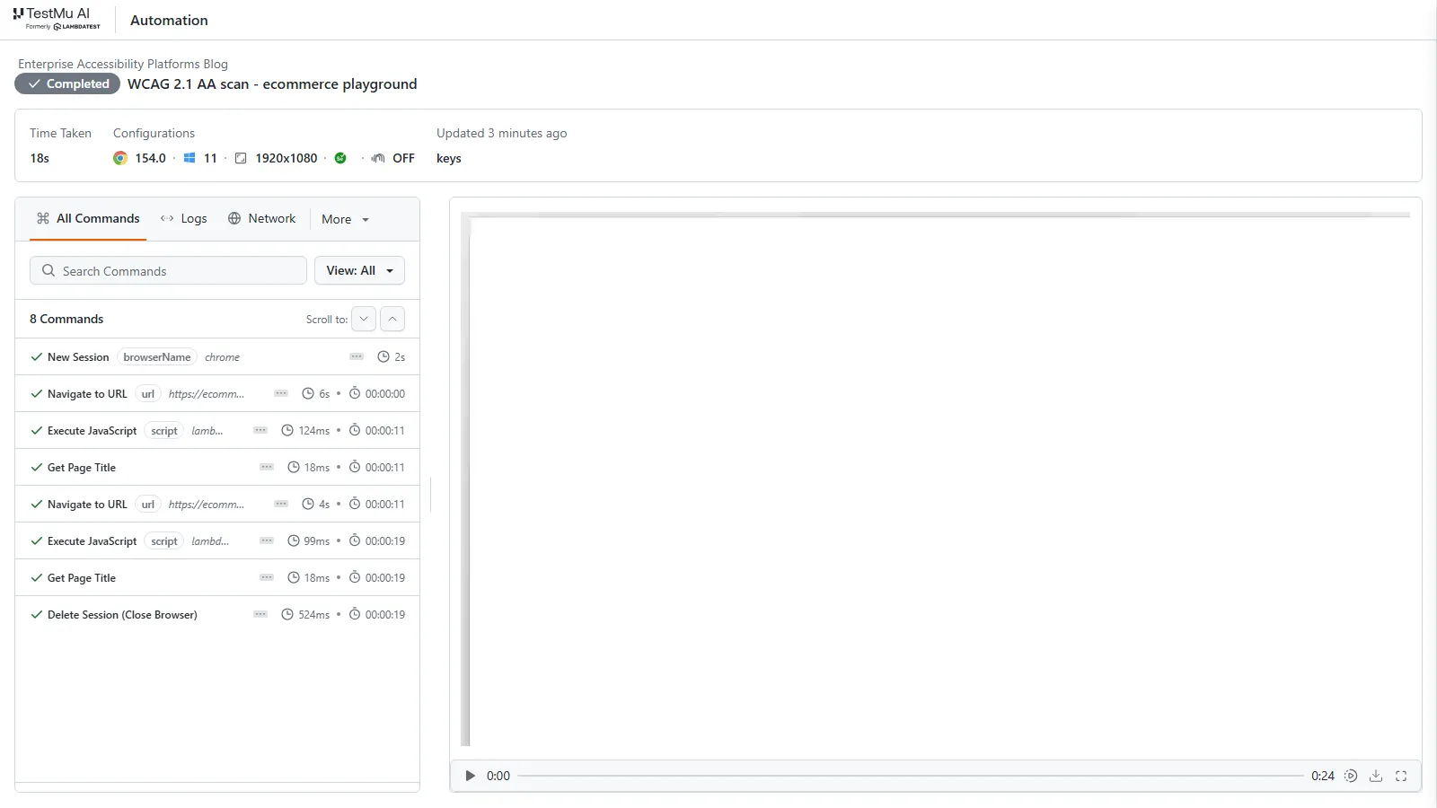 TestMu AI session with two accessibility scan commands TestMu AI session view showing a completed WCAG 2.1 AA scan build with two lambda-accessibility-scan commands on the e-commerce playground