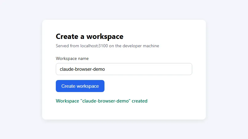 Localhost demo page in a TestMu AI Browser Cloud Chrome session showing the message Workspace claude-browser-demo created