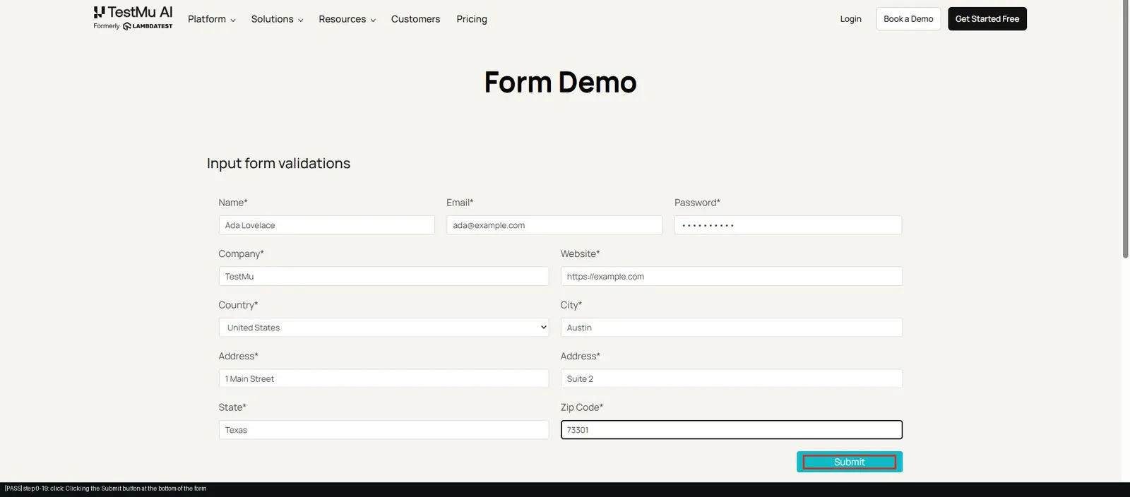 Kane CLI annotated step on the Selenium Playground input form with every field filled and the Submit button marked PASS