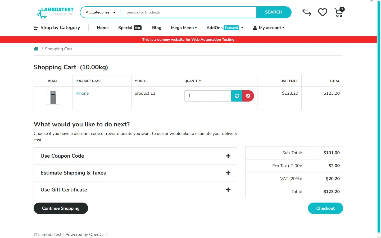 Ecommerce Playground cart captured during the cloud run Ecommerce Playground shopping cart in the cloud browser showing the iPhone at $123.20 with sub-total, tax, and total rows