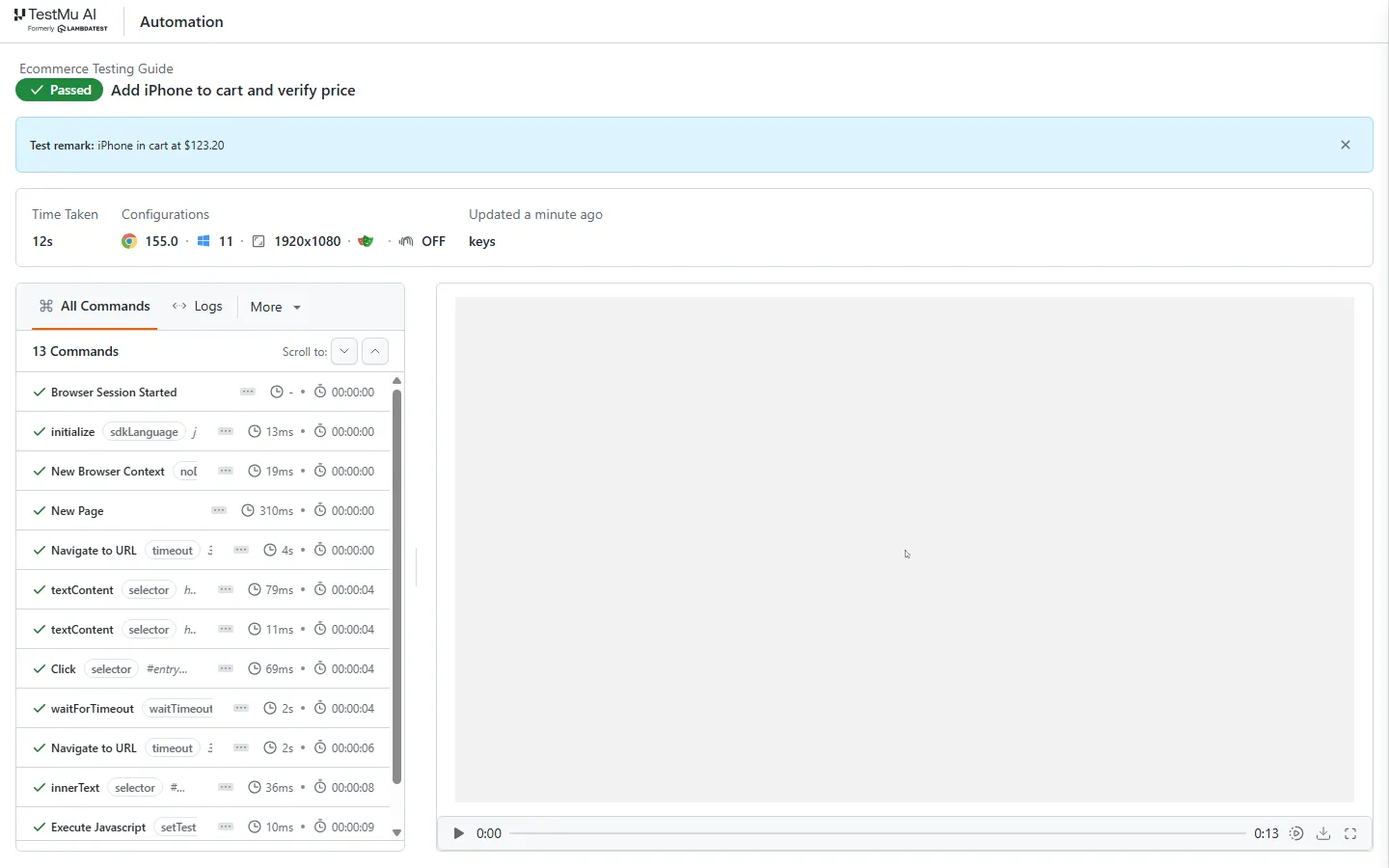 TestMu AI dashboard - Ecommerce Testing Guide build TestMu AI automation dashboard showing the passed Playwright test from the Ecommerce Testing Guide build with its command log