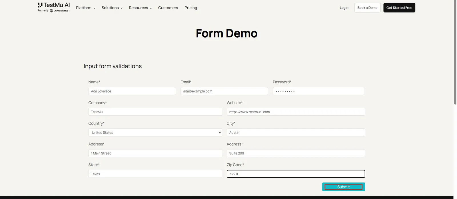 Kane CLI annotated step on the Selenium Playground input form with every field filled and the Submit click marked as passing