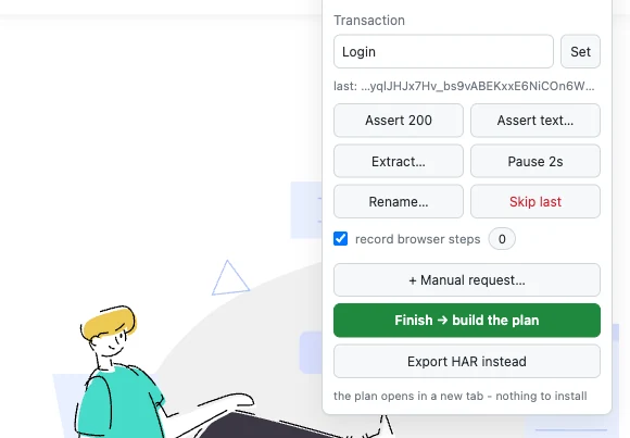 The recording panel Thunder adds to the page you record Thunder recording panel over a demo page, with the transaction set to Login, buttons to assert, extract, pause, rename or skip the last request, and buttons to finish and build the plan or export a HAR instead