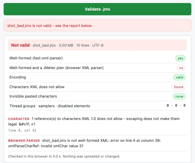 Thunder's report on a .jmx file that is not valid XML Thunder validation report marking a .jmx file Not valid, with a character XML 1.0 does not allow at line 4, column 32, and a closing line reading Checked in this browser in 0.0 s. Nothing was uploaded or changed.