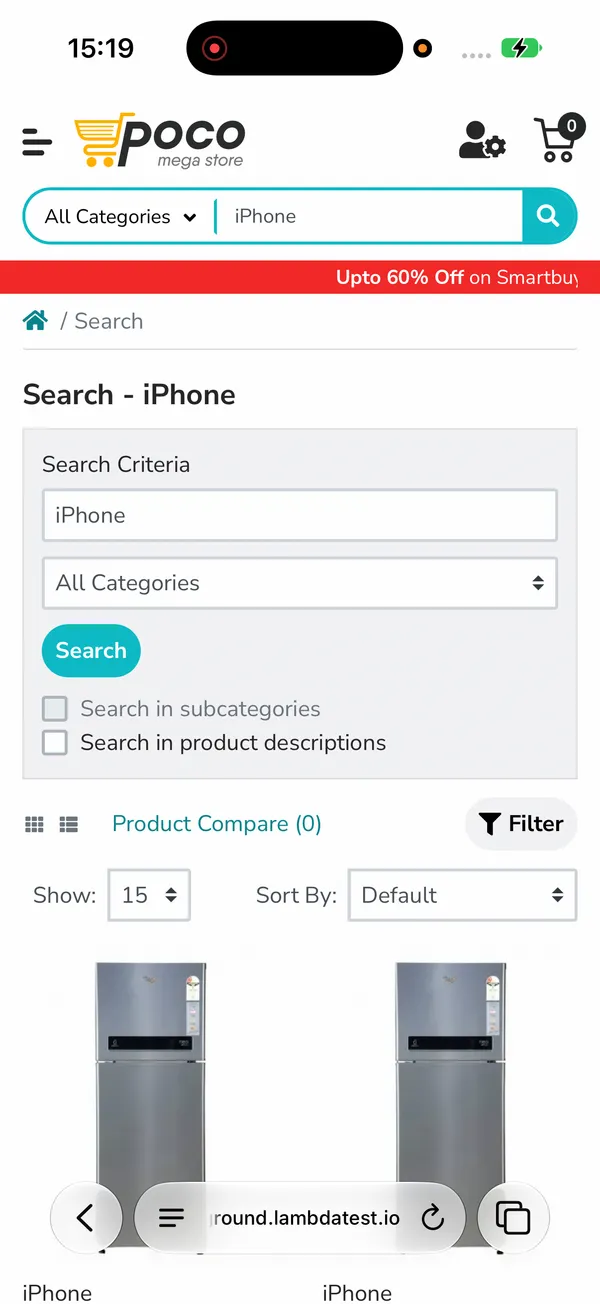 Ecommerce Playground search results in Safari on a real iPhone 18 Pro running iOS 27.0 on TestMu AI