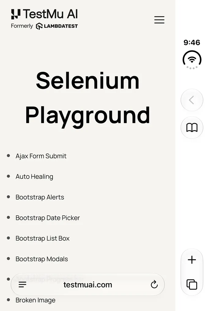 Safari on the iPhone Duo outer display in a TestMu AI simulator session Selenium Playground in Safari on the iPhone Duo simulator outer display, with the clock, Wi-Fi status, back, Reader, new tab and tabs controls in a column on the right side