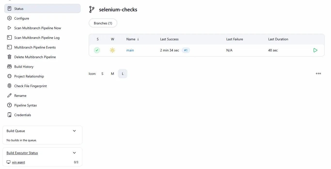 Jenkins multibranch job selenium-checks with the main branch passing, and a Build Executor Status panel that lists only win-agent with 0 of 3 executors busy