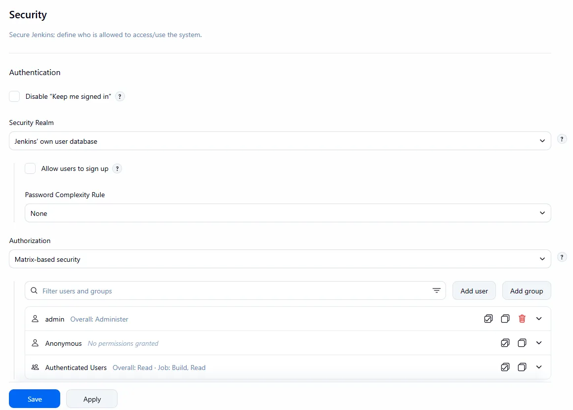Jenkins 2.580.1 Security page using Jenkins' own user database and matrix-based security, where admin administers, Anonymous has no permissions, and authenticated users can read and build jobs