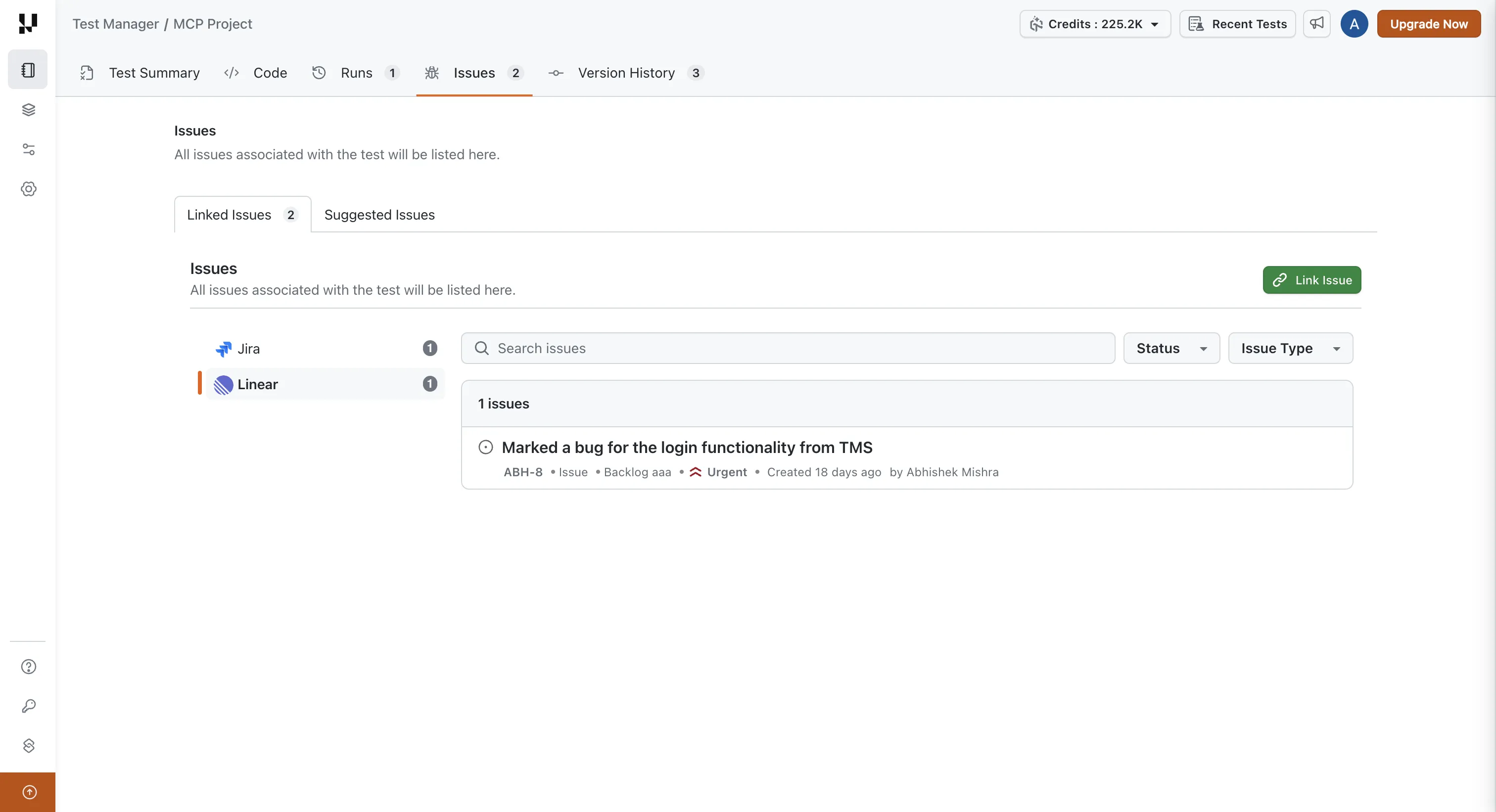 A linked Linear issue listed under its tracker on a test case Issues tab of a test case showing linked issues grouped by tracker, with a Linear issue listing its identifier, type, status, priority, creation date, and creator