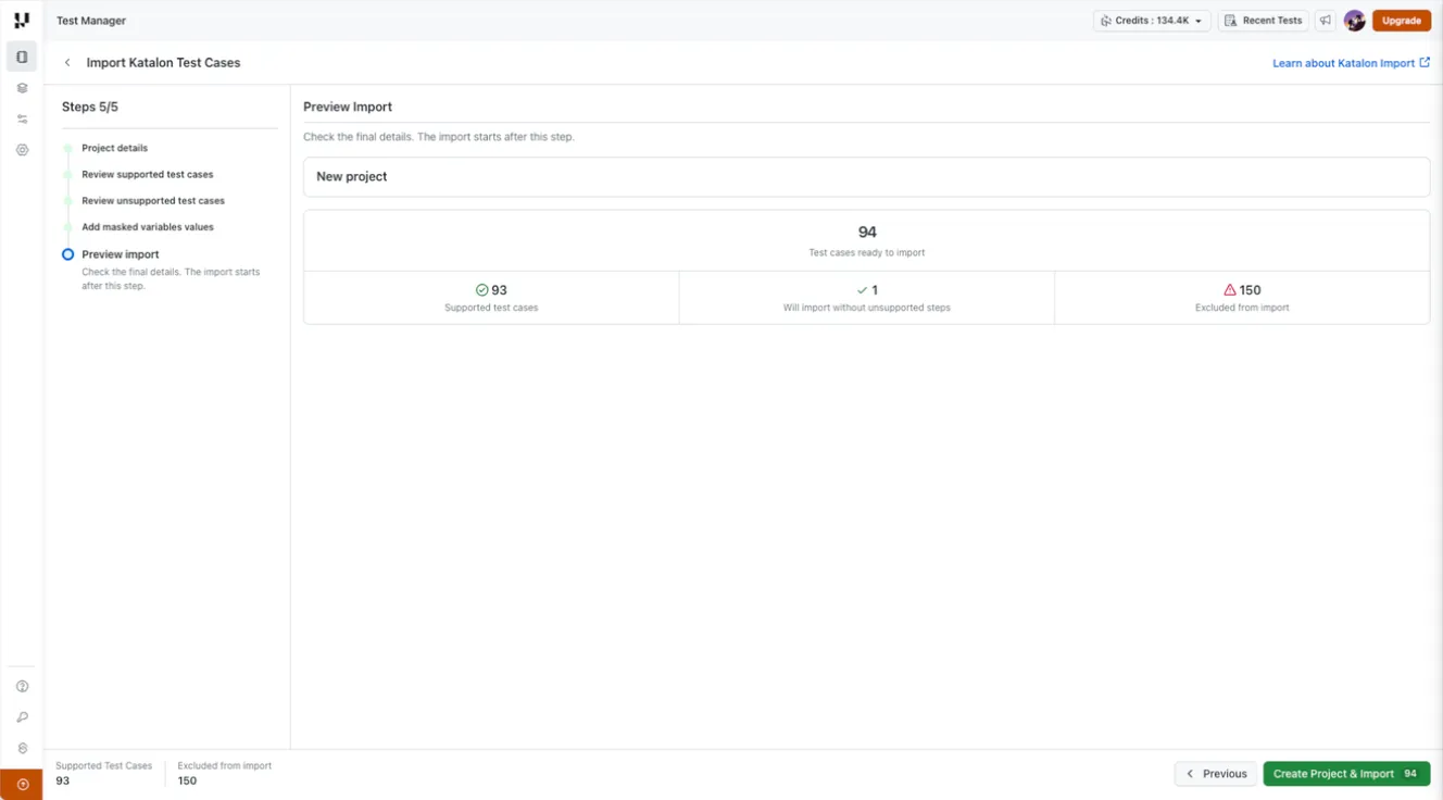 Preview Import screen in Test Manager showing test cases ready to import, supported cases, cases importing without unsupported steps, and excluded cases