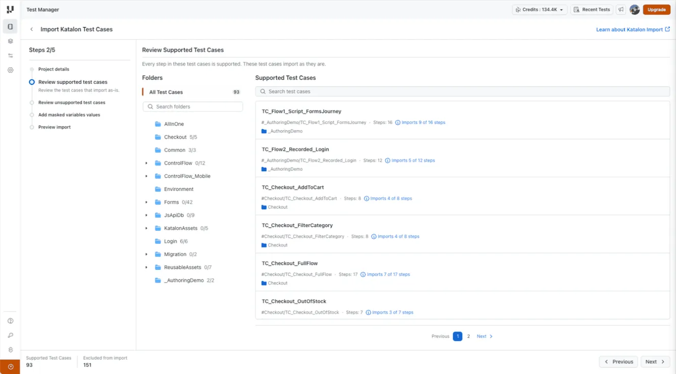 Review Supported Test Cases screen listing Katalon cases with their folder, total steps, and an Imports X of Y steps count on each case