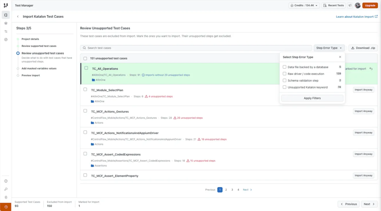 Step Error Type filter in the Review Unsupported Test Cases screen, listing incompatibility categories for a Katalon import