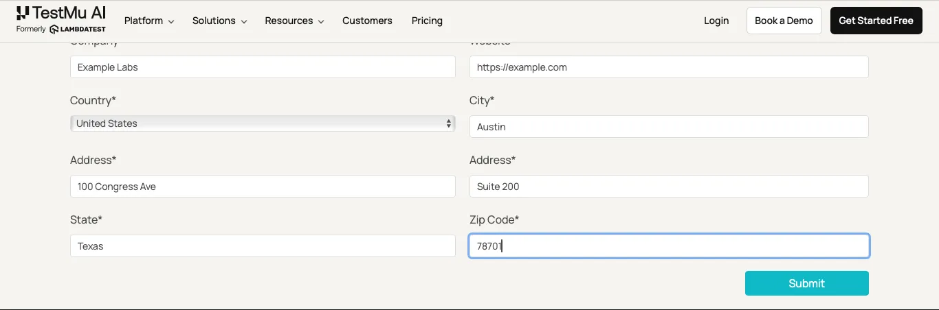 Safari 18: the Submit click step never reached the form Safari 18 contact form with every field filled and the cursor still in Zip Code after the Submit click