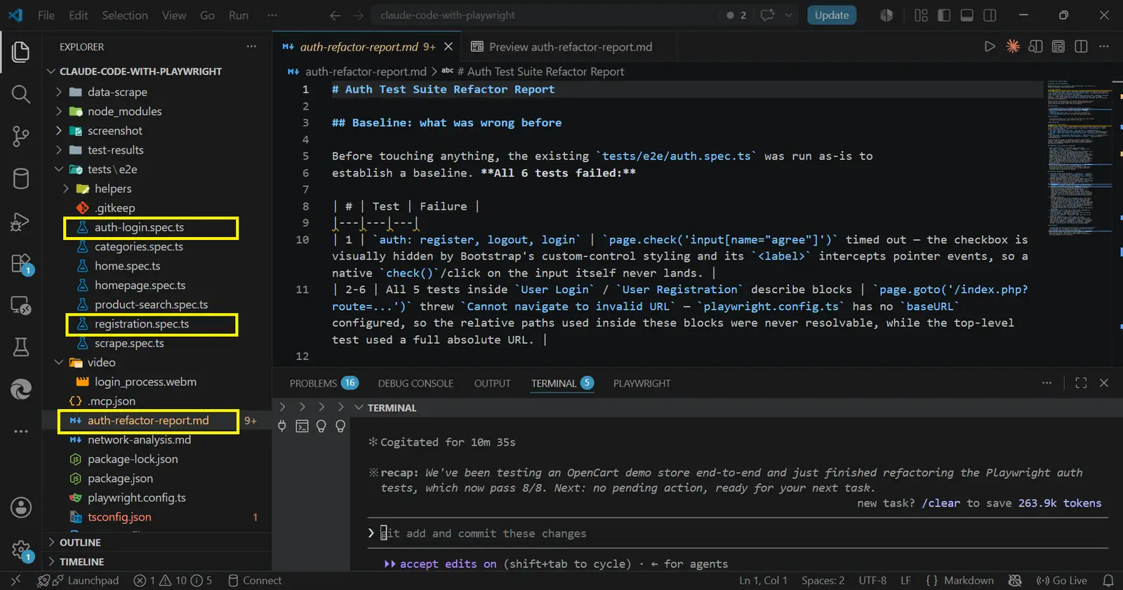 Auth test suite refactor report auth-refactor-report.md and the new auth-login.spec.ts and registration.spec.ts files in VS Code