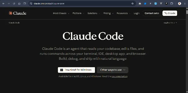 Claude Code download page Claude Code product page on claude.com with the Download for Windows button