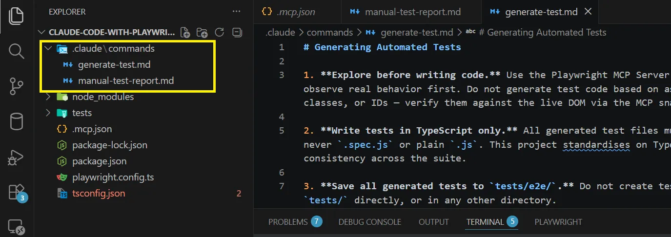 Claude Code command files for Playwright tests VS Code explorer showing generate-test.md and manual-test-report.md inside the .claude commands folder