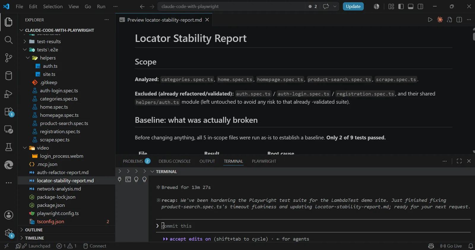 Locator stability report generated by Claude Code locator-stability-report.md preview listing the analyzed spec files and the baseline results
