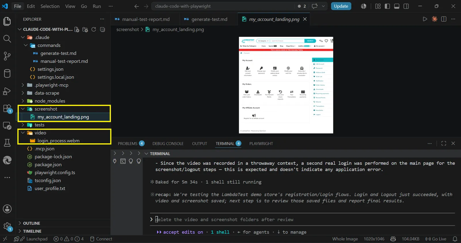 Login video and landing page screenshot VS Code showing the my_account_landing.png screenshot and the login_process.webm video saved by Claude Code