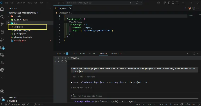 Playwright MCP server configuration in .mcp.json VS Code showing the .mcp.json file in the project root with the Playwright MCP server entry