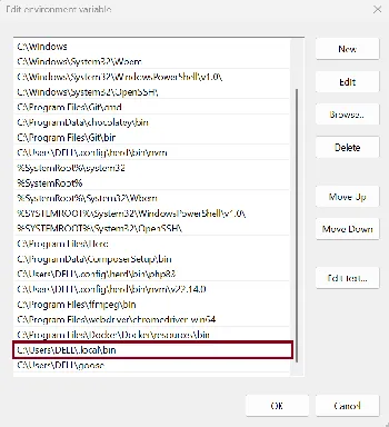 Claude Code install path in the PATH environment variable Windows Edit environment variable dialog with the Claude Code install path added