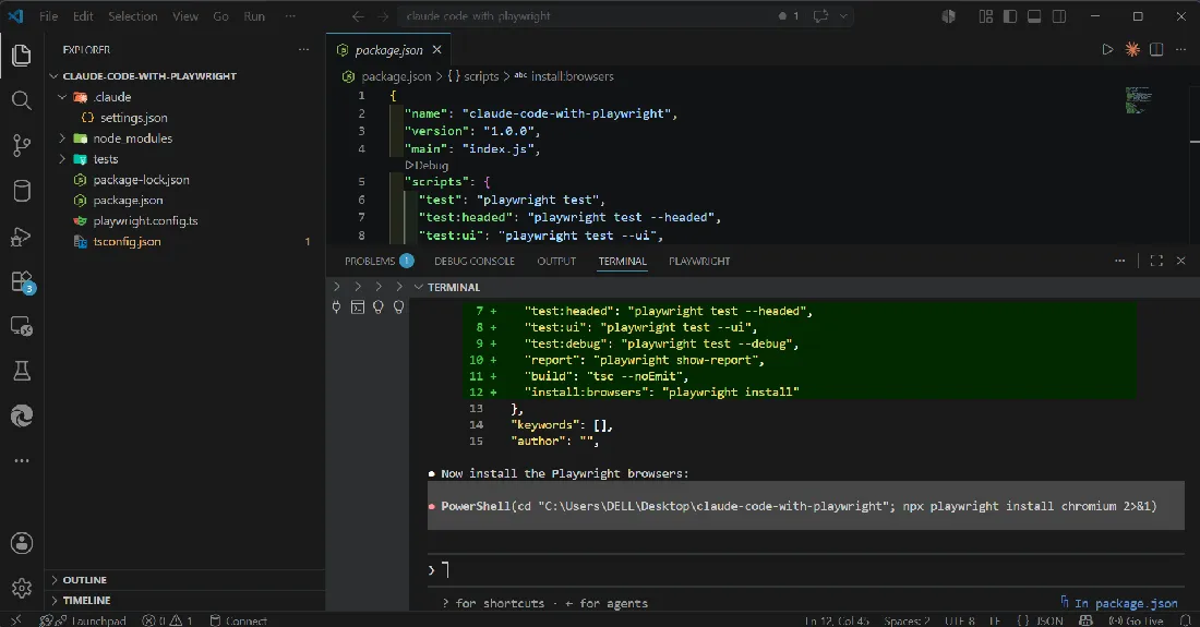 Claude Code initializing a Playwright project Claude Code in VS Code generating a Node and TypeScript Playwright project with package.json scripts