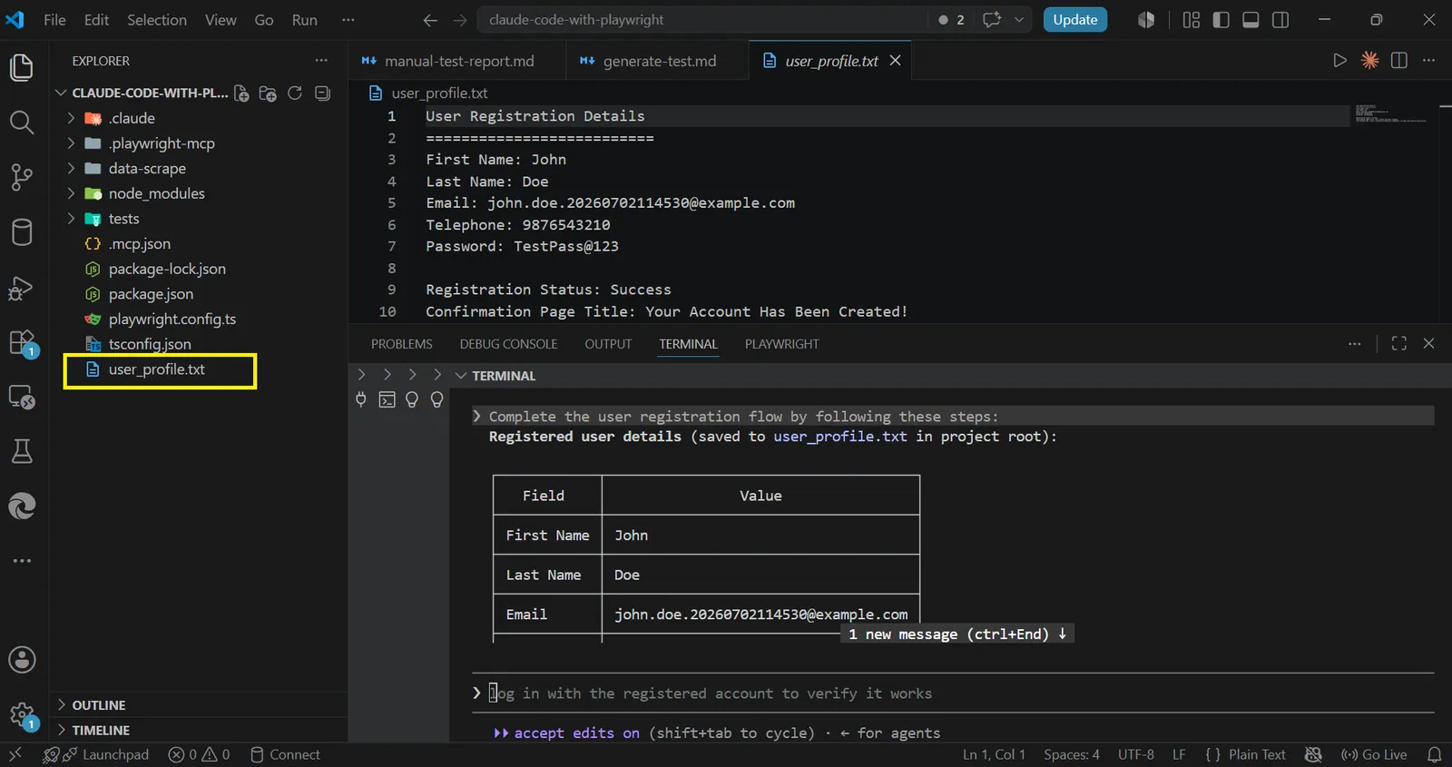 Registration flow completed with dummy user data user_profile.txt with dummy registration details and the registration summary in the Claude Code terminal