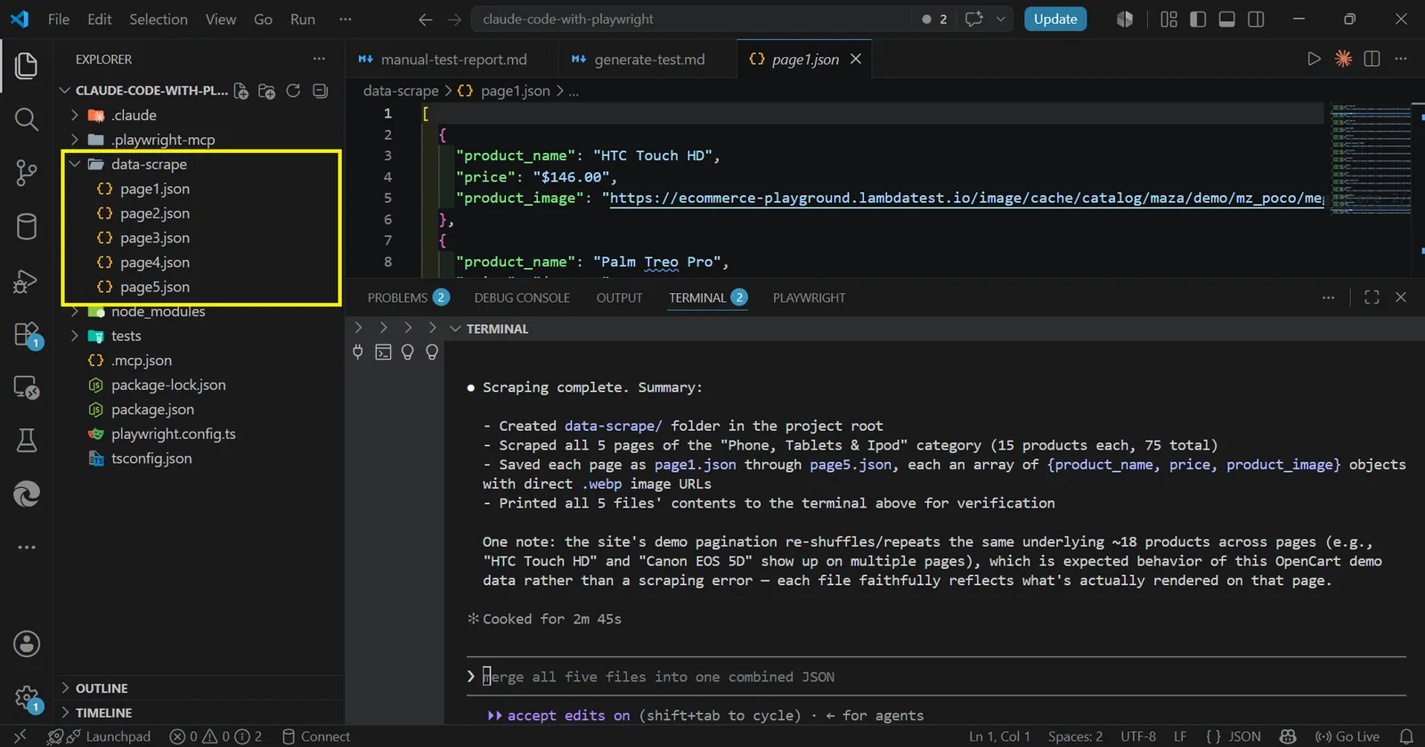 Scraped product data saved as JSON files VS Code showing page1.json to page5.json in the data-scrape folder and the scraping summary in the terminal